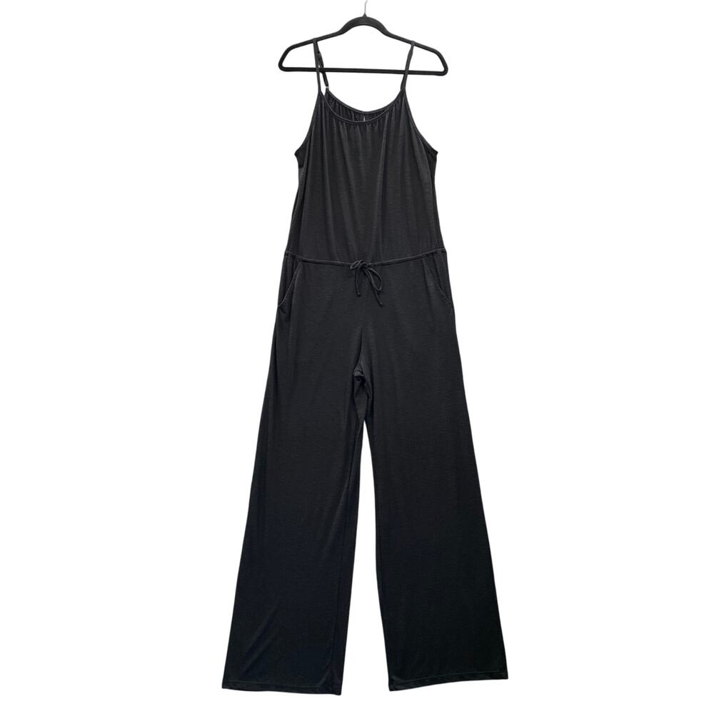 Becca Cozy Lounge Swim Coverup Wide Leg Jumpsuit M Black Drawstring‎ Waist Sheer